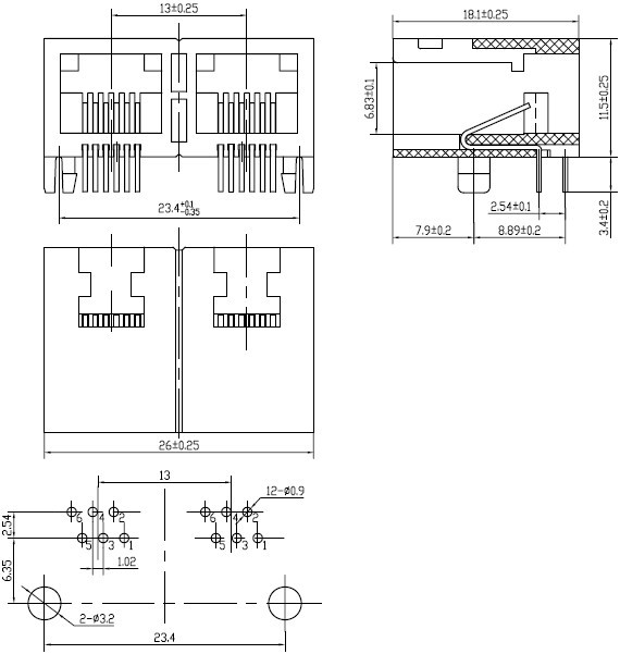 RJ45 网络接口插座尺寸图