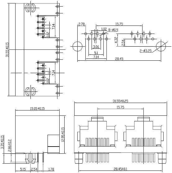 RJ45 网络接口插座尺寸图