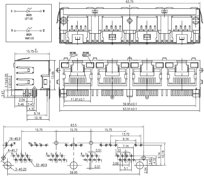 RJ45 网络接口插座尺寸图