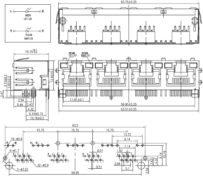 RJ45 网络接口插座尺寸图