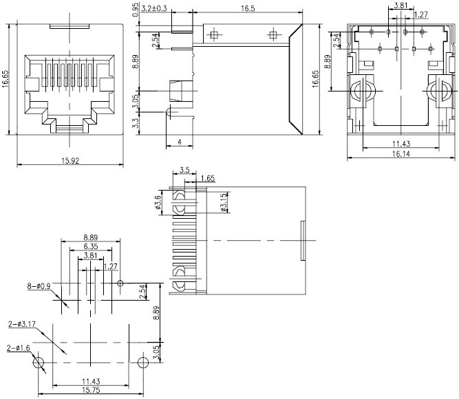 RJ45 网络接口插座尺寸图