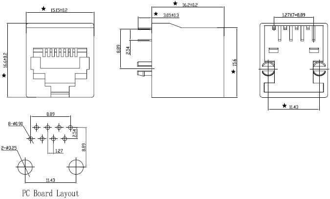 RJ45 网络接口插座尺寸图