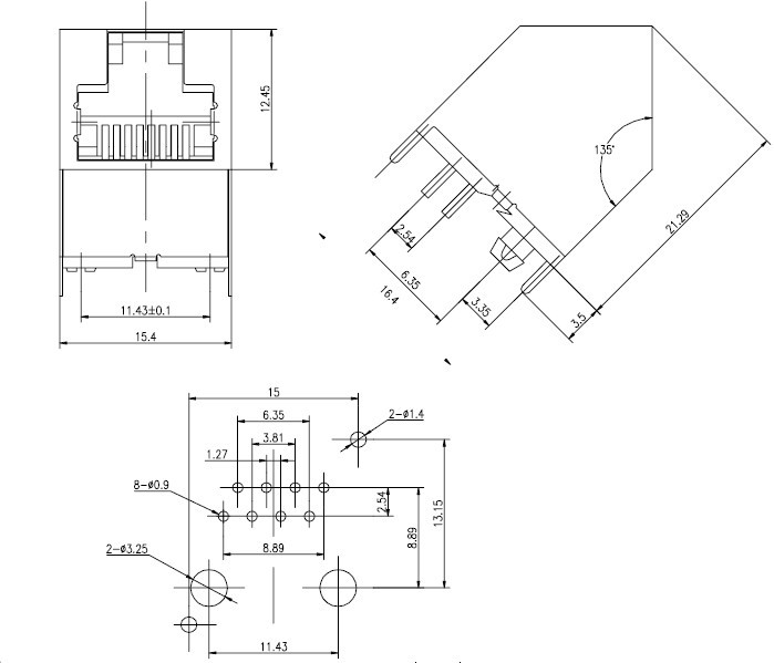 RJ45 网络接口插座尺寸图