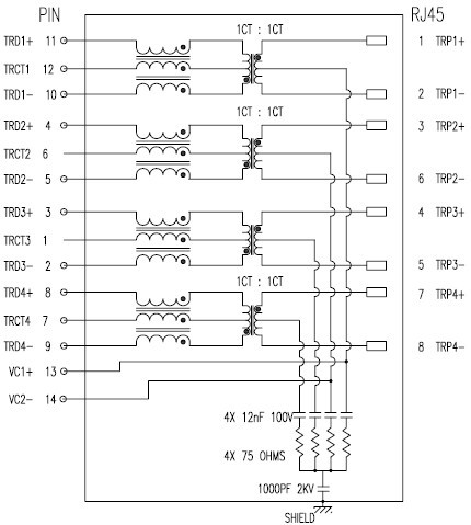 RJ45 网络接口插座内部结构原理图