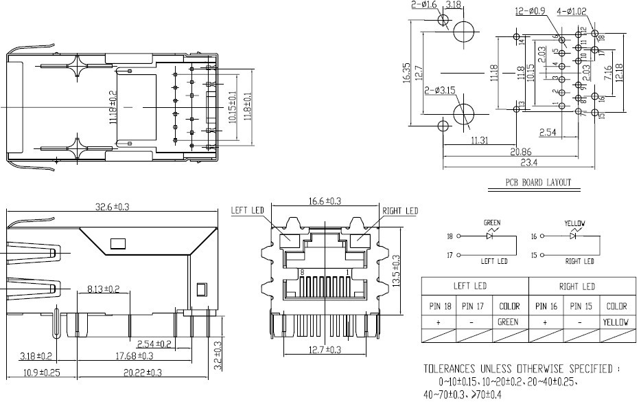 RJ45 网络接口插座尺寸图