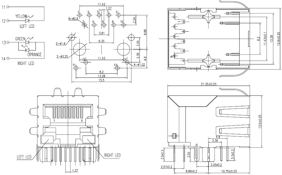 RJ45 网络接口插座尺寸图