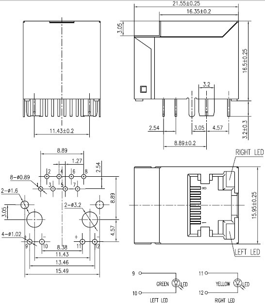 RJ45 网络接口插座尺寸图