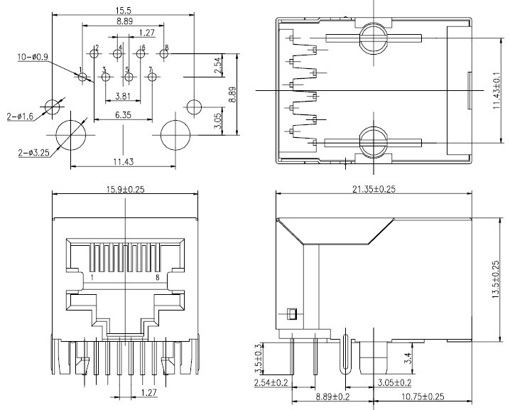 RJ45 网络接口插座尺寸图