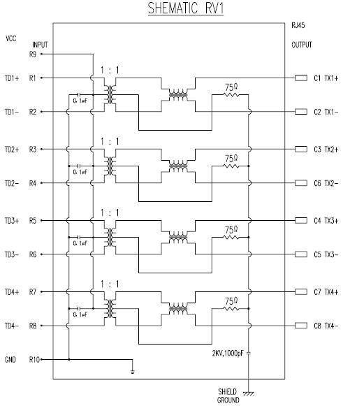 RJ45 网络接口插座内部结构原理图